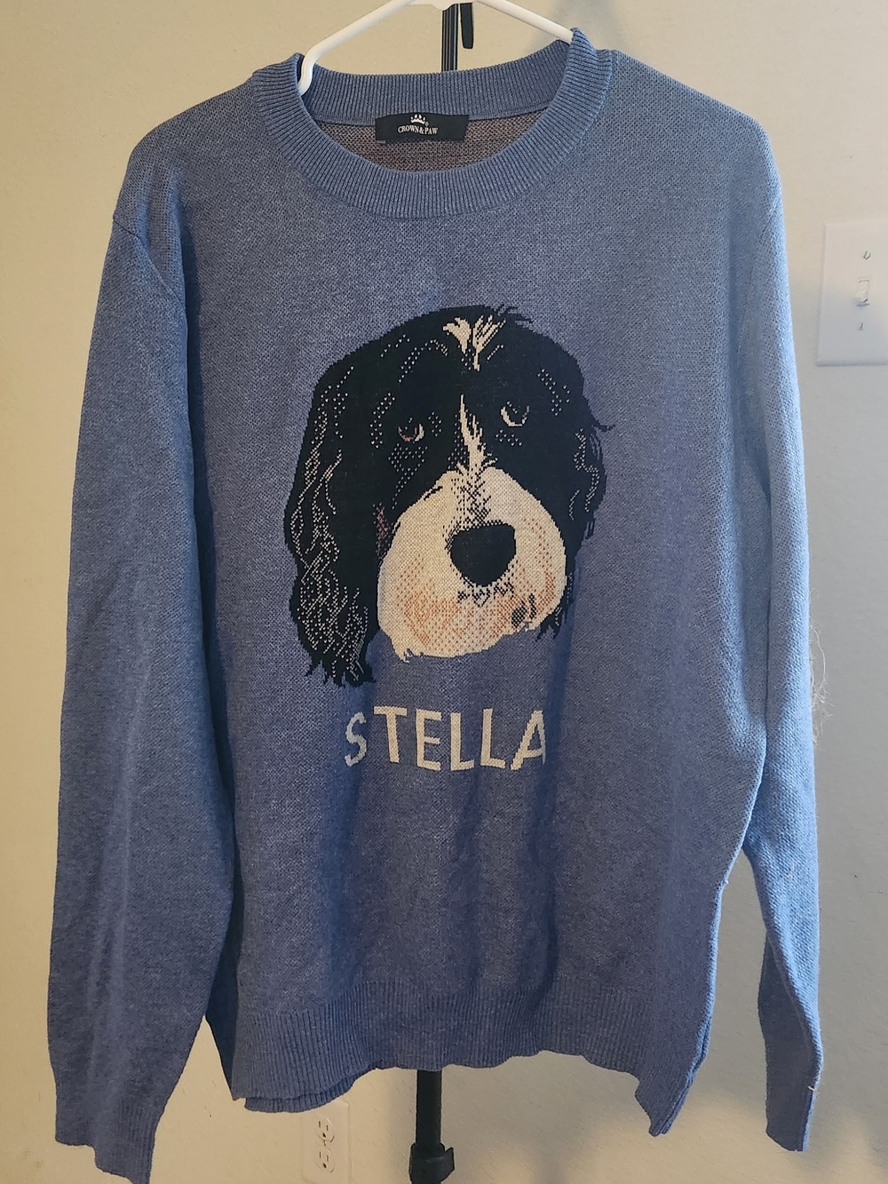 Crown Blue Knit Dog Sweater with Dog Graphic and 'STELLA'